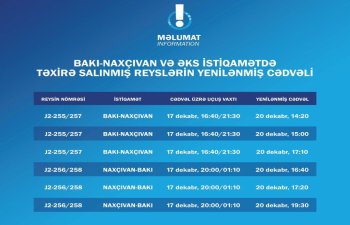 AZAL-ın təxirə salınmış Naxçıvan reyslərinin uçuş vaxtı məlum olub